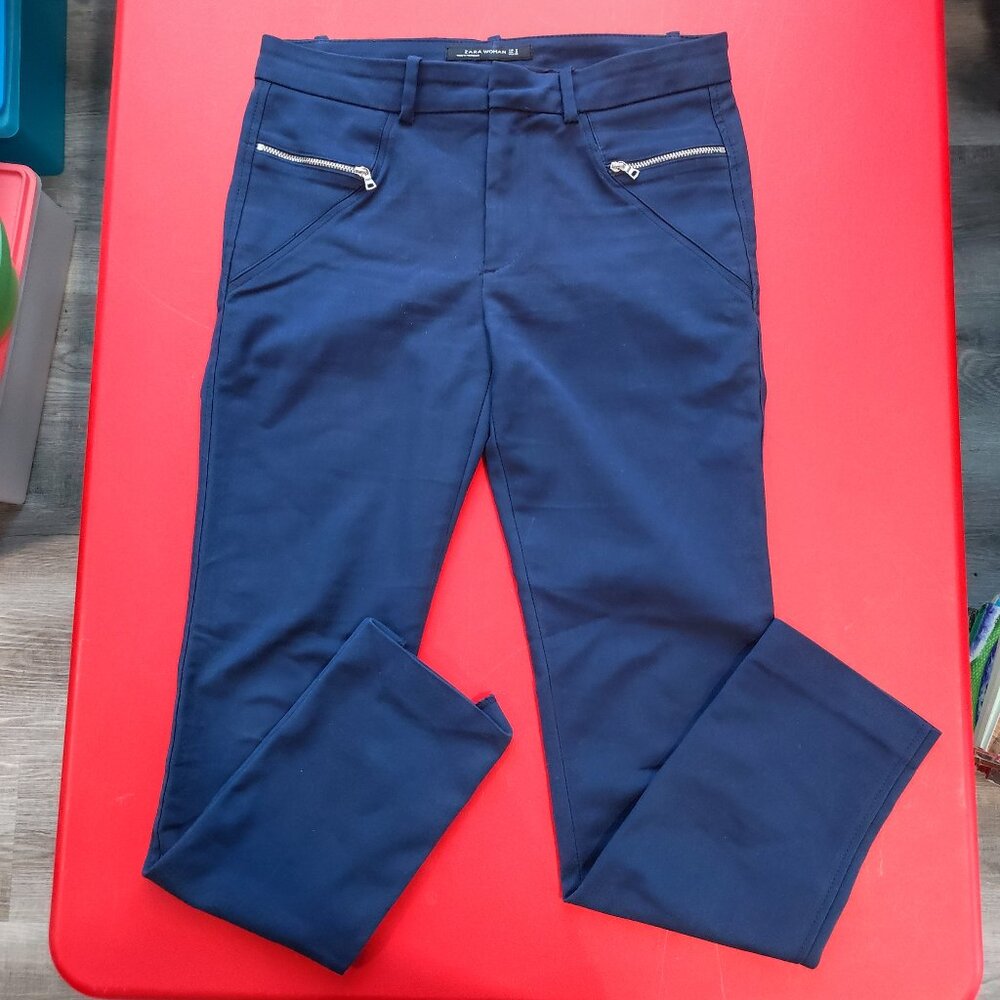 ZARA Women casual pants navy blue zipper pockets women's size M
